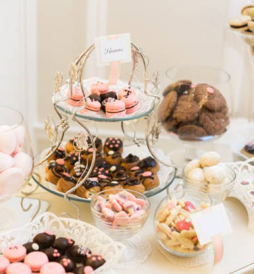 Candy bar. Banquet table full of desserts and an assortment of sweets. pie and cake. wedding or even.