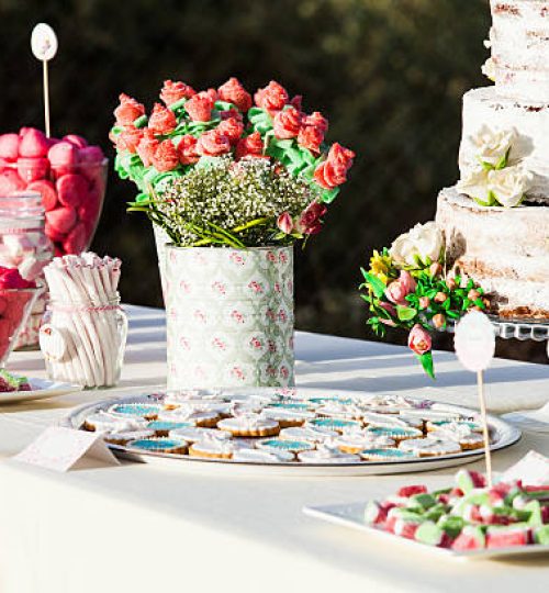 Sweets on a wedding table during cocktail.